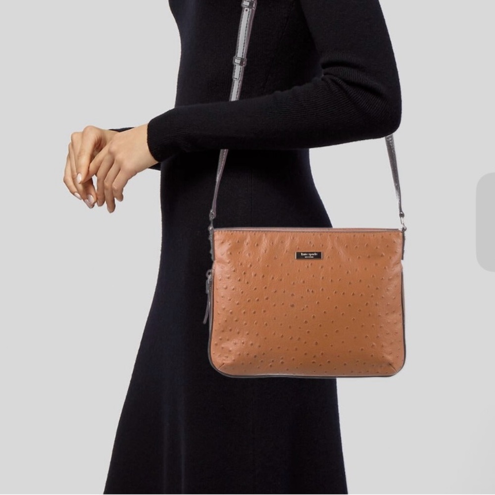 Kate Spade New York handbag, caramel, ostrich-embossed leather crossbody bag.